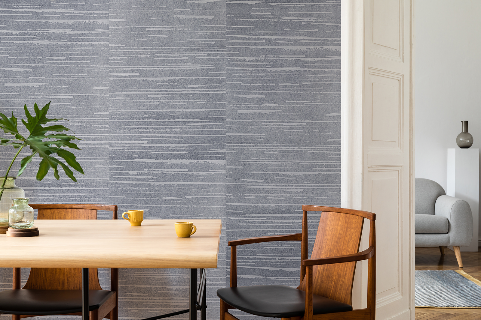 Hand-painted wallpaper in dining rooms with wood furniture