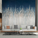 Cascada hand-painted wallpaper in living room behind sofa with pillows.