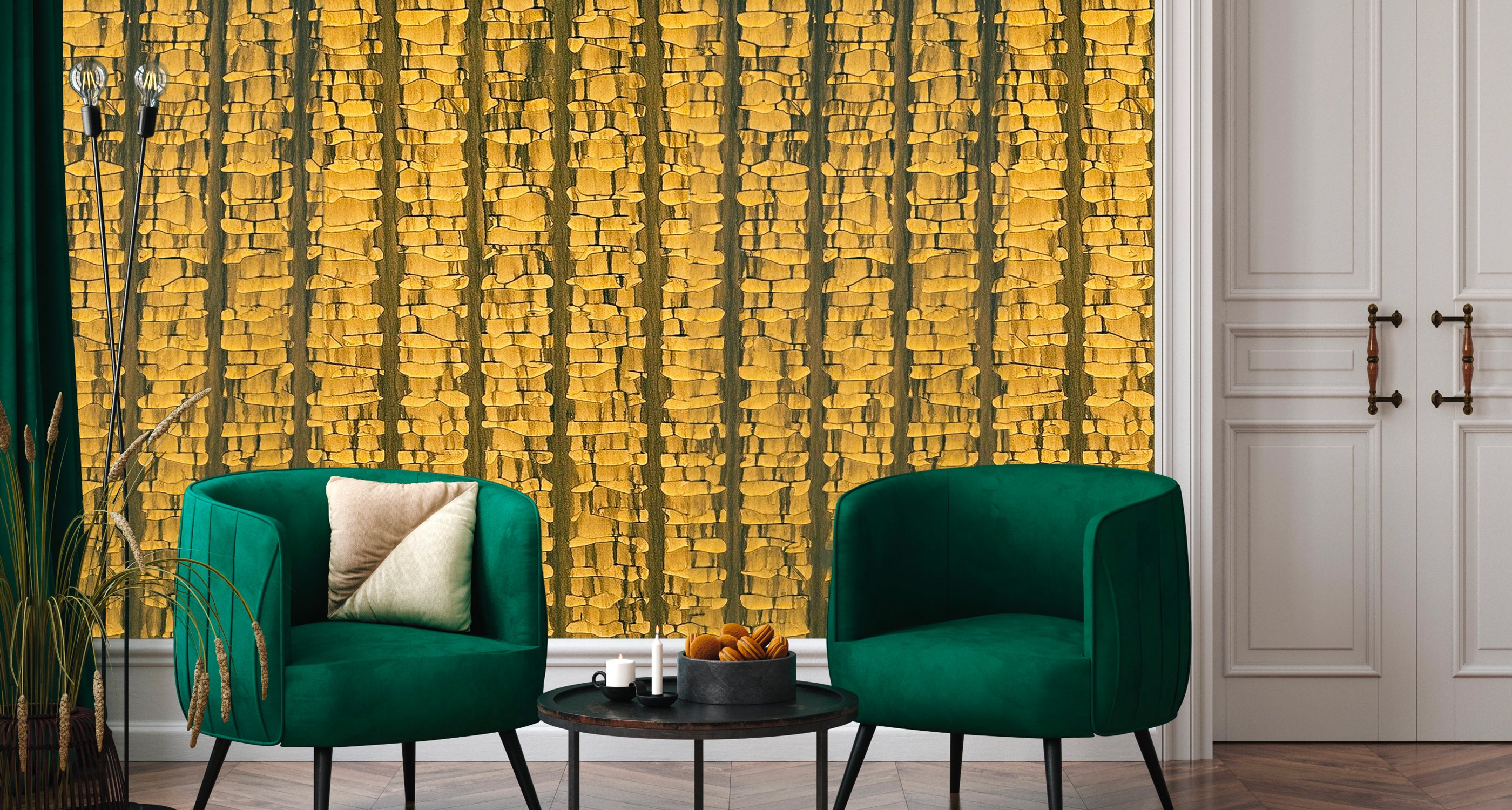 Gradiens wallpaper pattern on wall behind chairs in interior design.